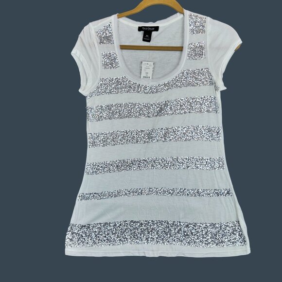 White House Black Market Womens XS Chic White Silver Sequin Striped T-Shirt NWT - Picture 2 of 8